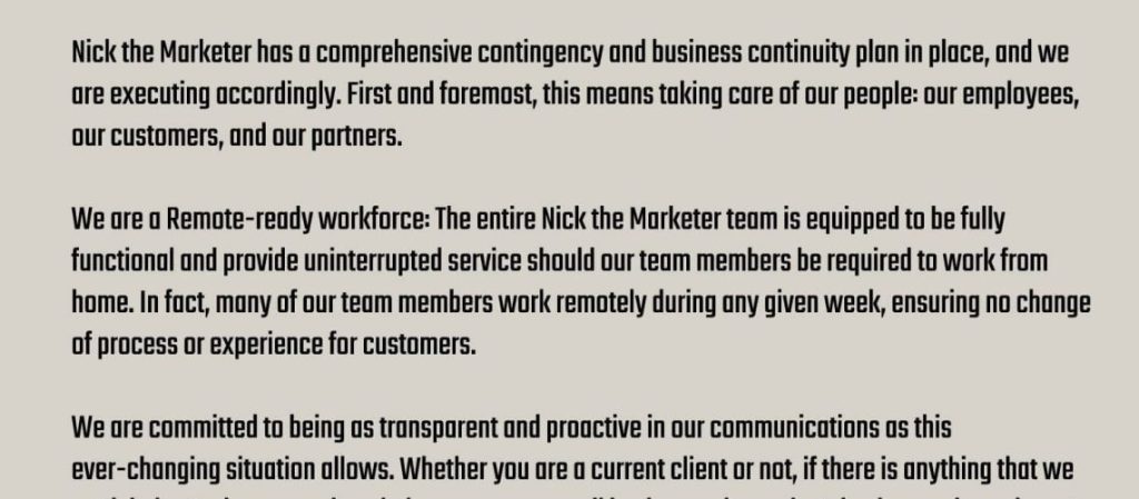 Nick the Marketer - COVID-19 Response Statement